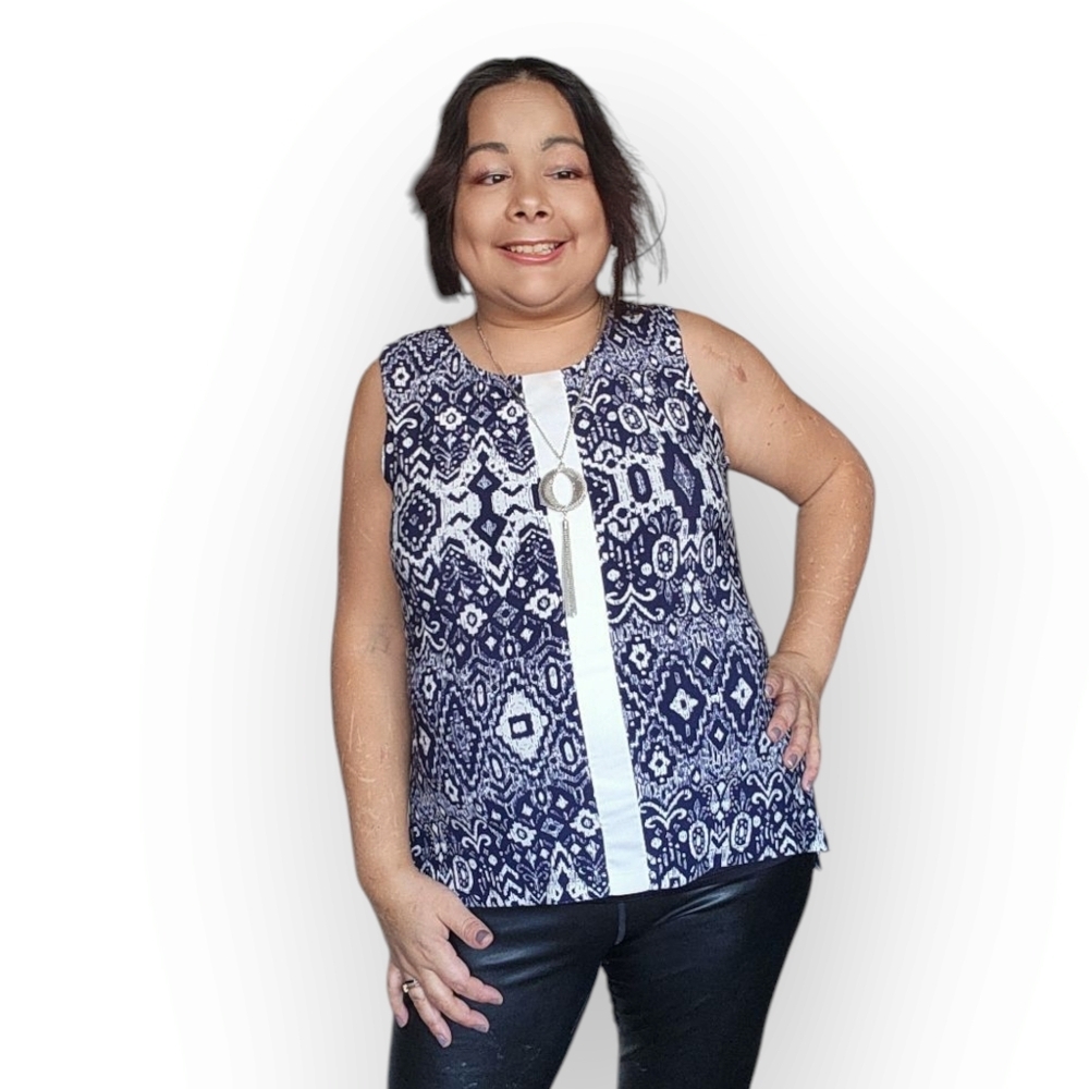 Tommy Hillfiger Women's Small  Sleeveless Geometric Print Top - Blue and White